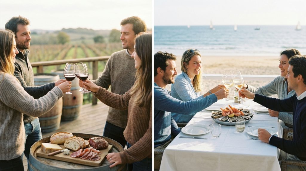 Happy groups on Long Island wine tours, with one side showing a relaxed North Fork countryside vineyard scene and the other side featuring a stylish Hamptons wine tasting with coastal flair.