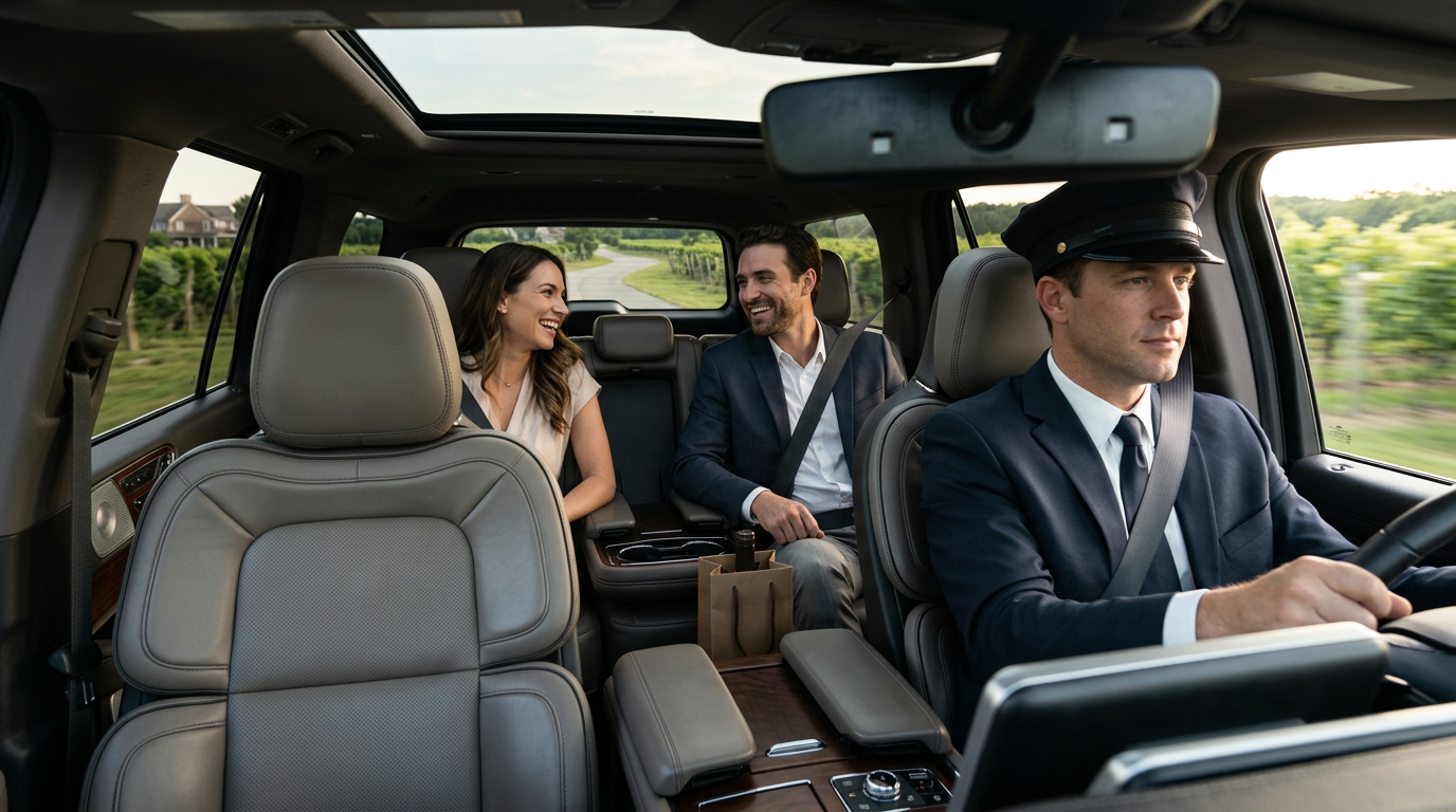 Couple relaxing in luxury car service between Long Island wineries